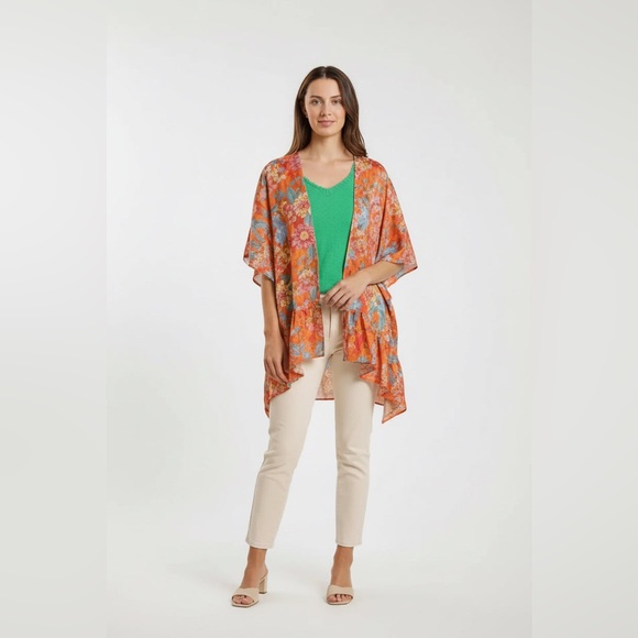 TANGERINE TROPIC BLOOM RUFFLE SLEEVE KIMONO - Picture 5 of 9